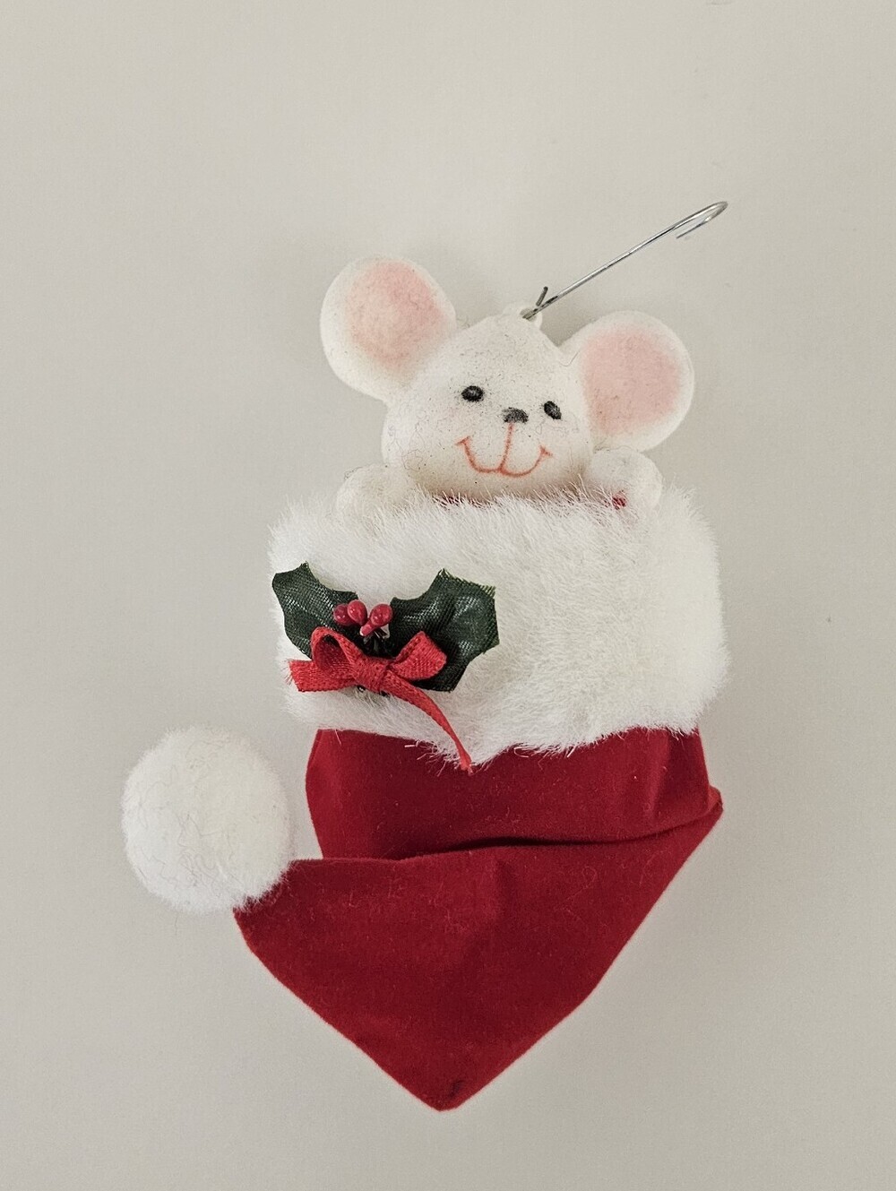 Vintage Flocked Peek A Boo Mouse in Red Christmas Stocking Ornament